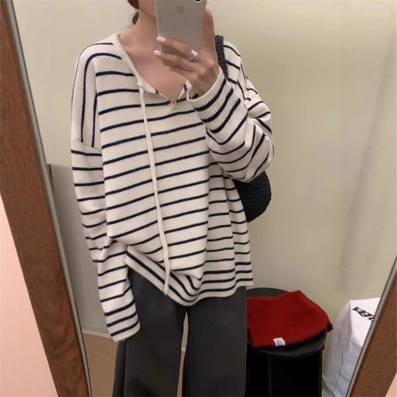 撞色条纹针织衫女春秋新款宽松慵懒系带套头毛衣休闲减龄百搭上衣|undefined