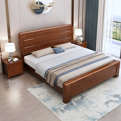 Modern Chinese style golden walnut bed 1.5 simple style bedroom furniture solid wood bed 1.8 meters master bedroom wedding bed