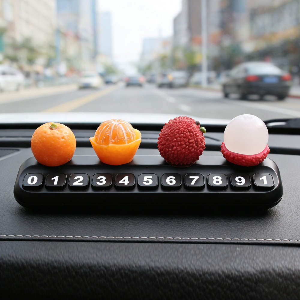 Tarjeta telefónica de movimiento de automóviles, tarjeta de estacionamiento temporal de frutas de litchi, adornos creativos de automóviles