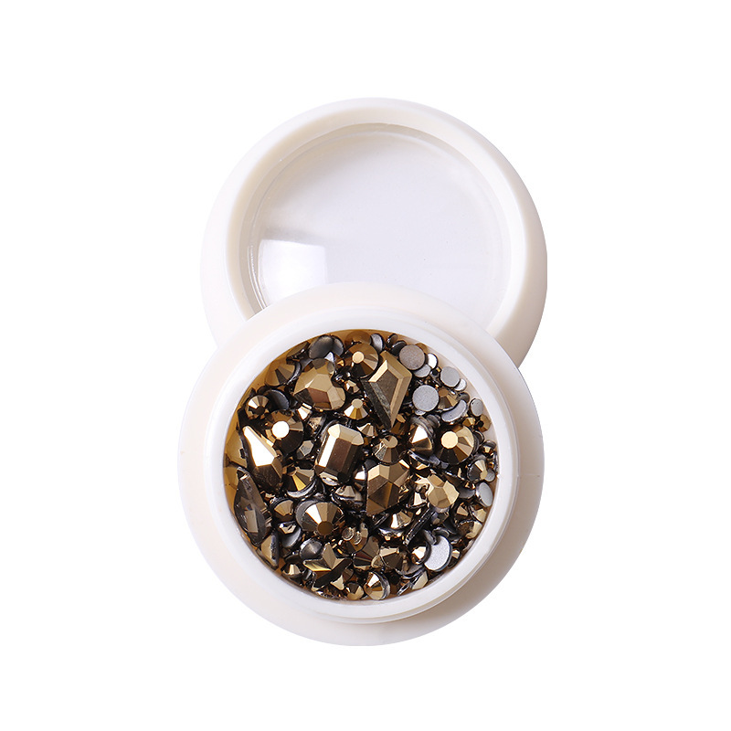 Accesorios de uñas transfronterizos mezclados al por mayor caja redonda de vidrio plano especial en forma de diamante taladro de uñas paquete de material de taladro de uñas al por mayor
