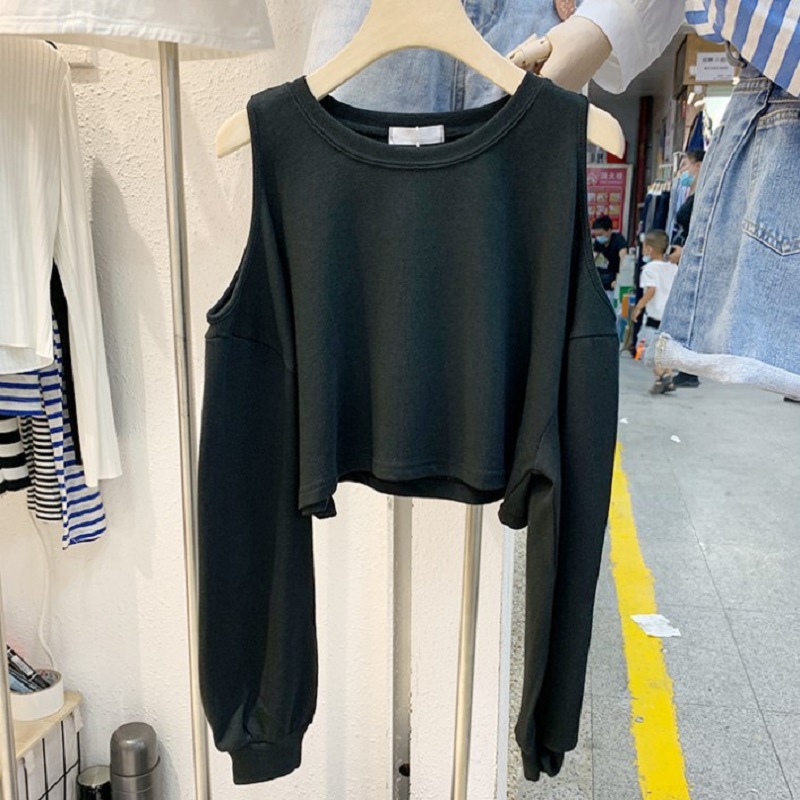 Off shoulder round neck long sleeved T-shirt autumn and winter loose solid color hollowed out casual bottom shirt for_voghion.com
