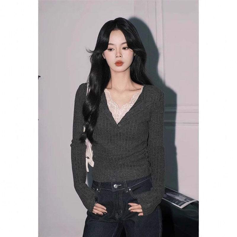 Elegant Grey Lace Fake Two-piece V-neck Knitted Small Shirt Women's Pure Slim-fit Long-sleeved Base Top