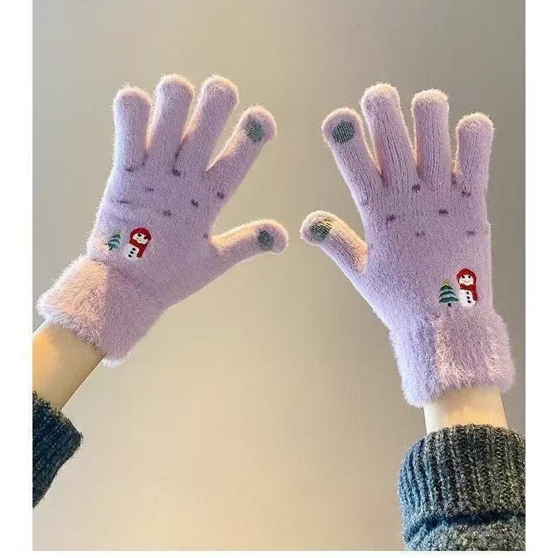 公主风保暖手套雪人刺绣针织可爱防寒保暖毛绒防风骑行秋冬季手套|undefined