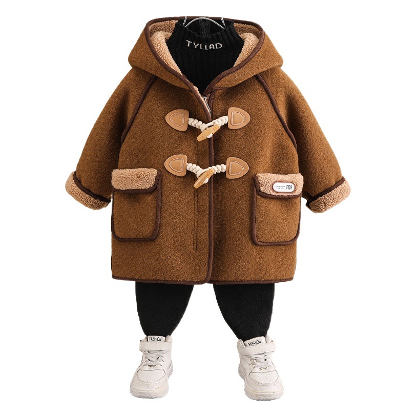 4505 Boys' Woolen Outwear Autumn and Winter Clothing 2026 New Style Baby Fleece-Lined Thickeneded Mid-Length Clothing Woolen Outwear