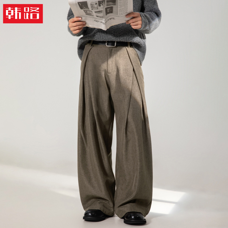 Cross-Pleated Design Drapey Casual Trousers Autumn Style Textured Loose Straight Pants Trendy Retro Long Pants