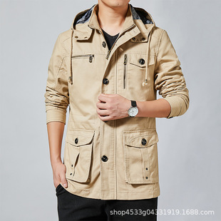 Spring and Autumn 2021 New Men's Casual Jacket Pure Cotton Washed Slim-Fit Hooded Coat Mid-length Jacket