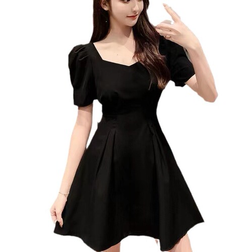 French style discreet backless square neck puff sleeve red dress for women 2025 waist slimming temperament age reducing skirt