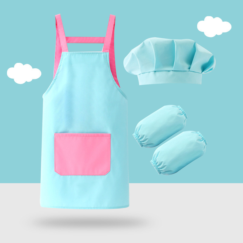 新しい幼稚園プリント子供用エプロン 3 点セットベビー絵画服防水防汚キッチン家事スモック|undefined