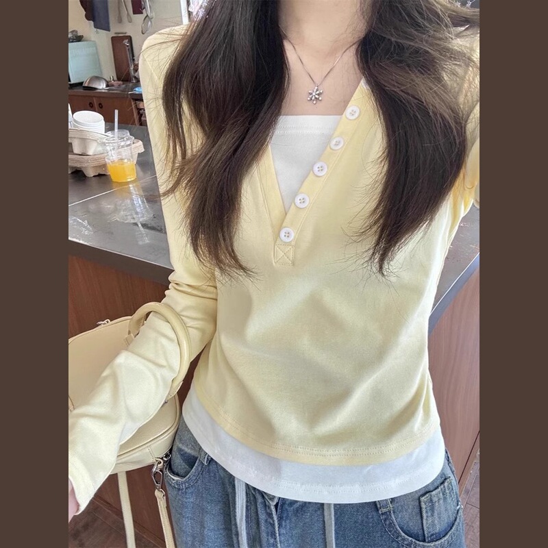 早秋奶黄色假两件长袖T恤女2025新款修身正肩设计打底衫上衣女装|undefined