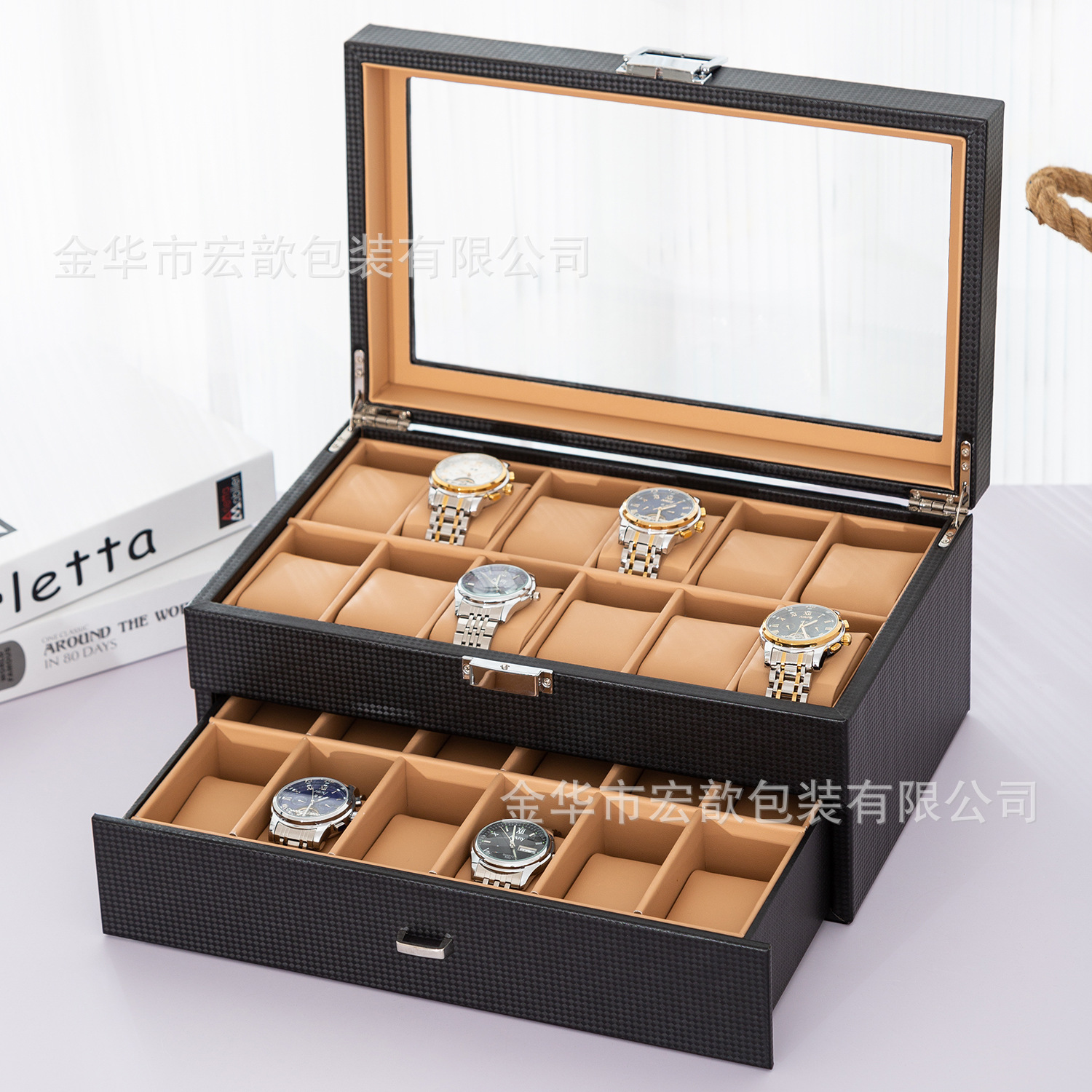 En stock al por mayor de fibra de carbono multi-epítopos caja de reloj gafas de reloj caja de joyería de almacenamiento Pantalla Reloj caja de embalaje