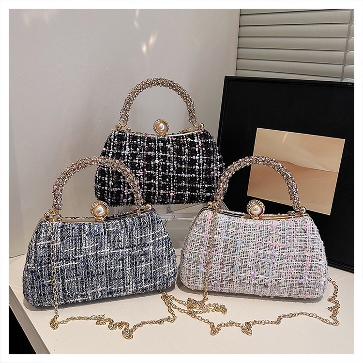 2025 Tweed Material Crossbody Small Bag Chain Box Bag Banquet Clutch Bag Dinner Bag Party Dress Women's Bag