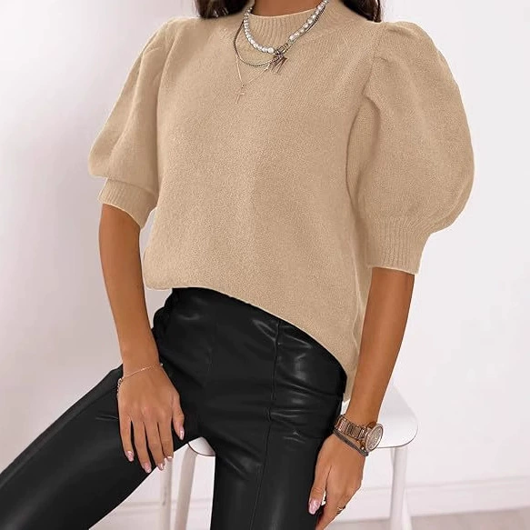 2025 мода: вязаный трикотаж с пышными рукавами и круглым вырезом, короткий рукав, индивидуальный пошив, европейский и американский стиль, оптовая обработка для Amazon, мелкие партии