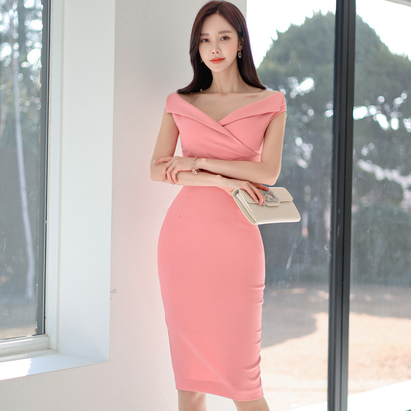 外贸女装2022韩版春夏装新款性感深V一字领露肩短袖女包臀短裙