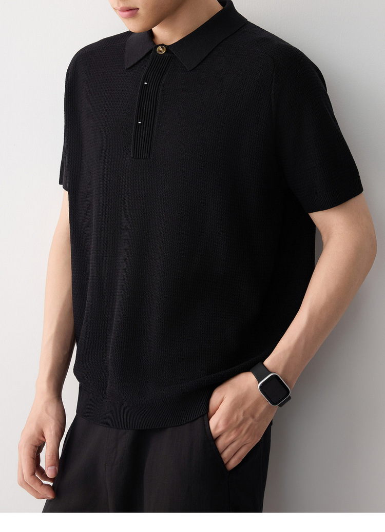 Áo polo nam tay ngắn phong cách cổ điển chất liệu linen pha — đen chi tiết 23