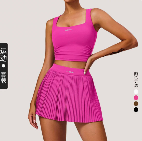 Alosco Tennis Skirt Set Outdoor Yoga Set Two-Piece Bra Vest Anti-Exposure Quick-Dry Sports Skirt for Women