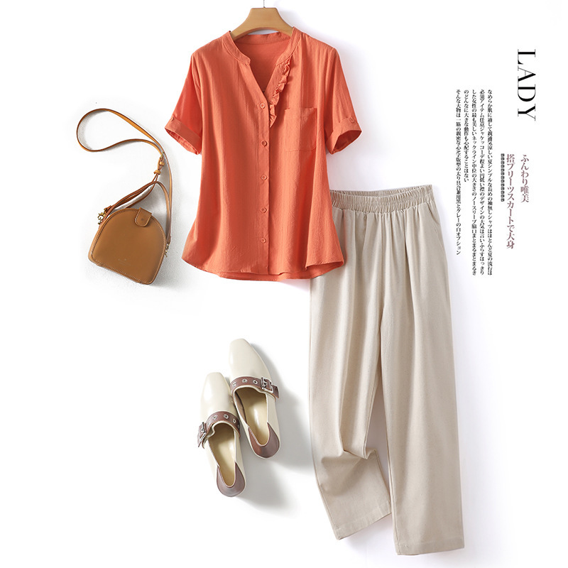 V领短袖两件套2024夏季新款花边领棉上衣配松紧腰九分裤套装9360