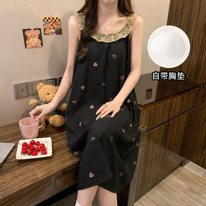 Fabricante pijama de verano encaje pijama de cuello redondo nubes de algodón cómodas y transpirables dulces con cojín de pecho vestido de cabina se puede usar fuera