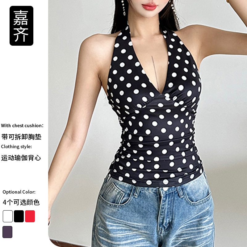 European and American Cross-Border New Polka Dot Versatile Backless Halter Neck Yoga Vest Waist Slimming Fitness Sportswear European and American Cross-Border New Polka Dot Versatile Backless Halter Neck Yoga Vest Waist Slimming Fitness Sportswear
