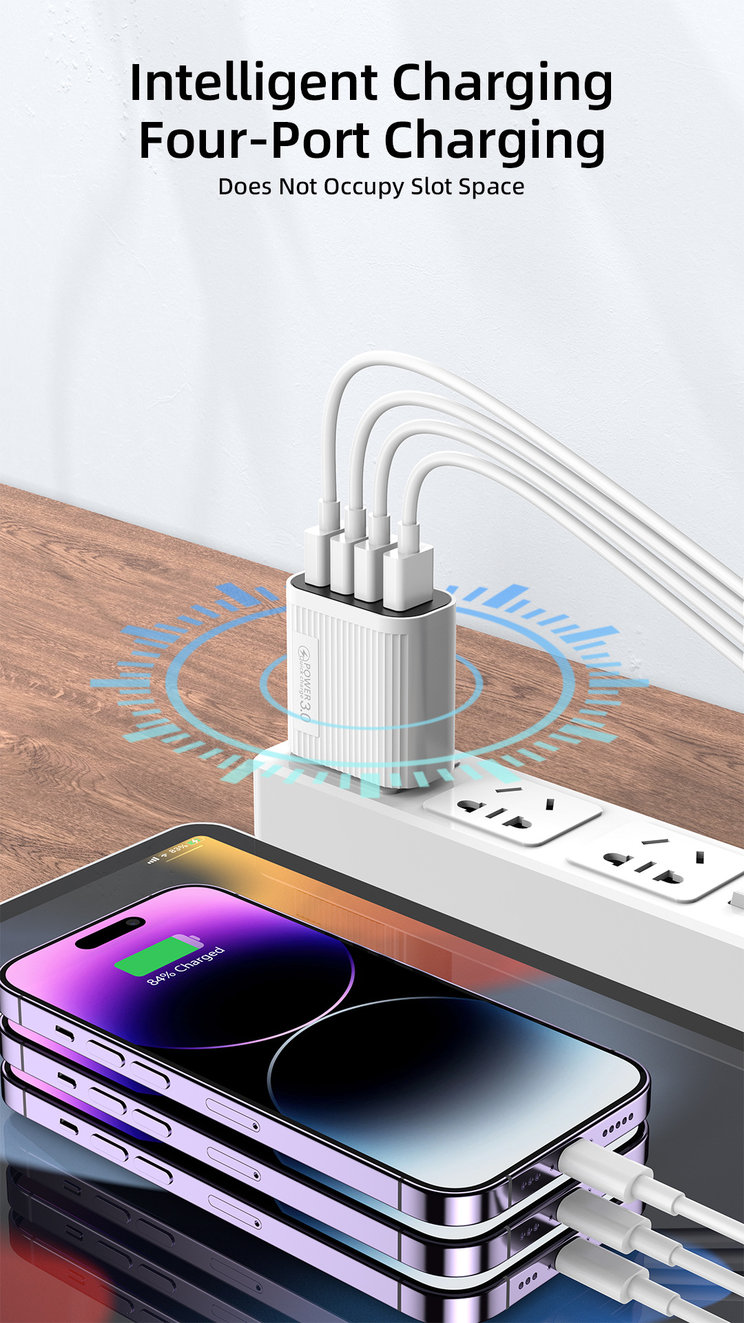 4USB multi port 18W mobile fast charging head QC3.0+3U2A travel charger_voghion.com