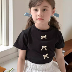 Korean Children's Summer 2024 Girls' Butterfly Bow Short Sleeve T-shirt Top for Big Kids Girls' T-shirt Base Shirt Top