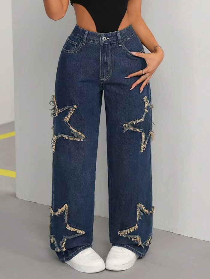 Jeans Rectos para Mujer de Algodón y Poliéster, Cintura Alta, Borde Deshilachado, para Uso Casual