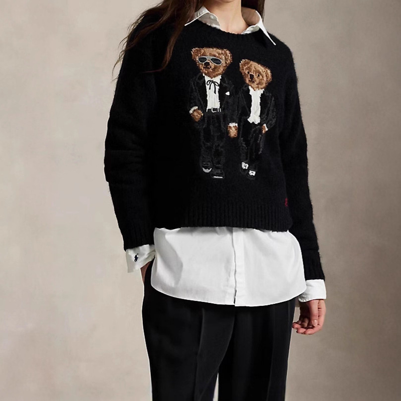 European and American 2025 Autumn and Winter New Cross-Border Thin Cotton Jacquard Embroidered Cartoon Bear Doll Long-Sleeved Round Neck Knitwear