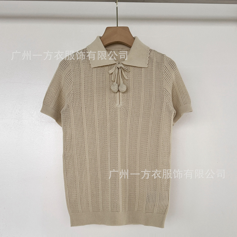 2026 Spring and Summer New Style Knitted Cherry Zipper Tie Pom-Pom Lapel Short-Sleeve Pullover Loose Versatile Women's Top 2026 Spring and Summer New Style Knitted Cherry Zipper Tie Pom-Pom Lapel Short-Sleeve Pullover Loose Versatile Women's Top