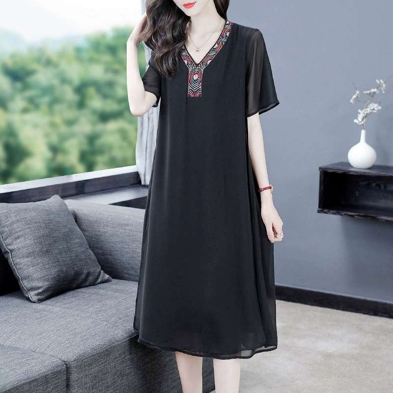 Французское летнее шифоновое платье 240 Jin с короткими рукавами, уменьшающее возраст, в западном стиле, свободное платье больших размеров для женщин среднего возраста