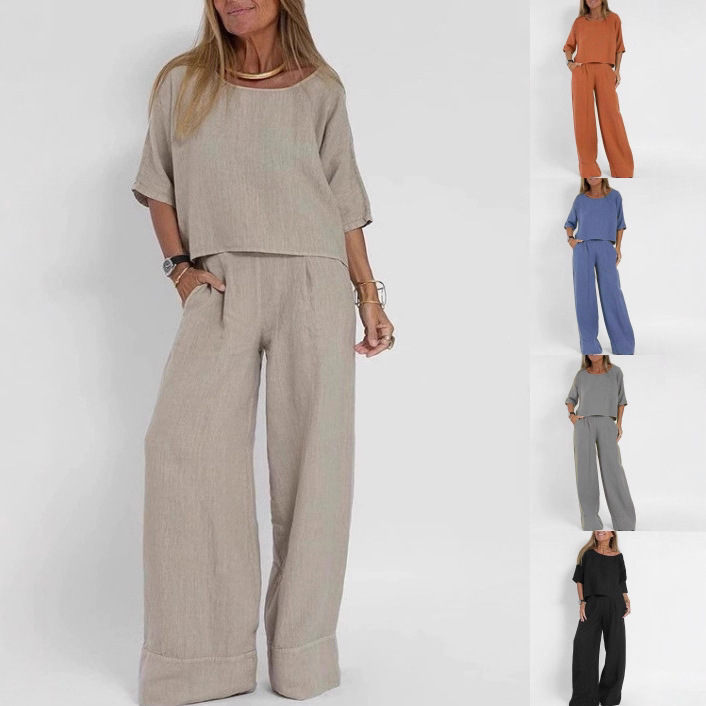 Cross-Border Amazon European and American Summer New Women's Casual Loose Solid Color Short-Sleeve Pocket Cotton and Linen Two-Piece Set