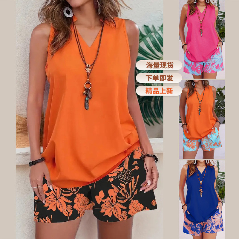 2026 European and American Cross-Border Summer New Product Sleeveless Vest Top Printed Wide-Leg Casual Shorts Two-Piece Suit for Women
