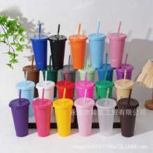 跨境爆款彩色pp材质吸管杯大容量水杯24oz单层塑料杯可印logo