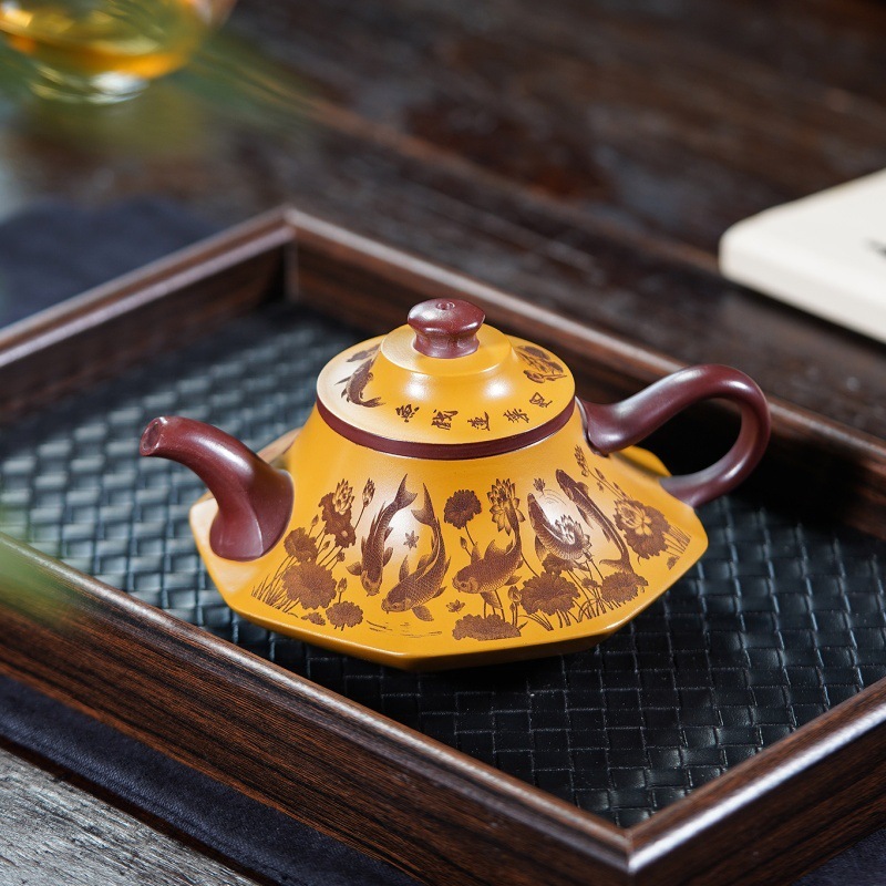 宜兴紫砂壶原矿龙血砂鱼戏莲叶间名家手制茶壶茶具礼品批发代发|undefined