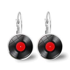 復古黑膠唱片時光寶石耳環女跨境歐美時尚銀色法式耳鈎耳飾品批發