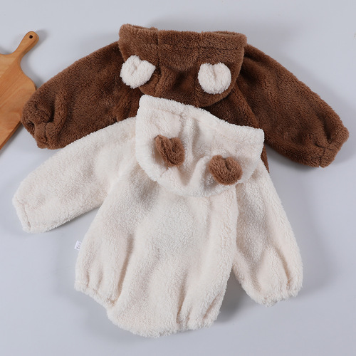  Autumn/Winter New Cute Bear Baby Toddler Onesie Triangular Hooded Sweat Suit with Double Fleece Warmth Climbing Suit