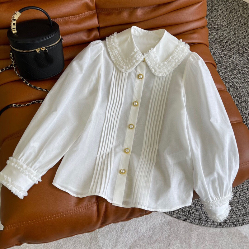 Shenzhen Original Single Private Goods New Retro Palace Style Pleated Lace Collar Doll Collar Puff Sleeve Shirt Top