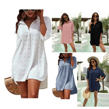 2022亚马逊独立站欧美新款雪纺提花大毛球宽松休闲罩衫衬衫女装