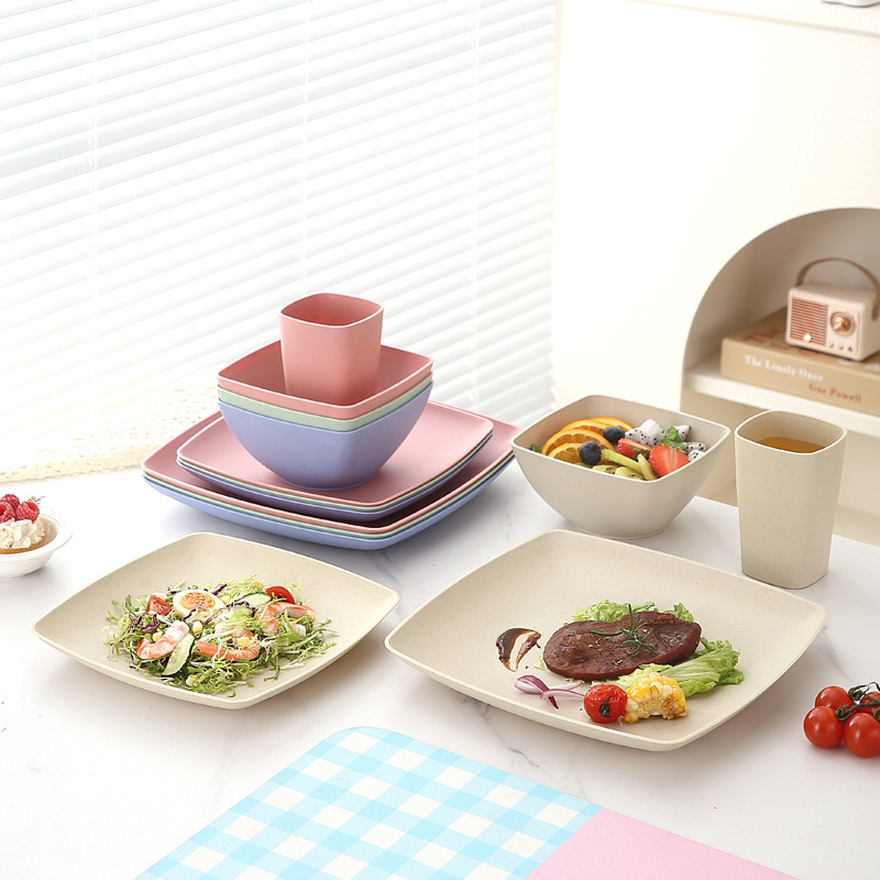 Wheat Straw Bowl and Plate Set for Home Use, Square Bowls, Square Plates, Cups, Fruit Plates, Salad Bowls, Water Cups, Tableware 16-Piece Set