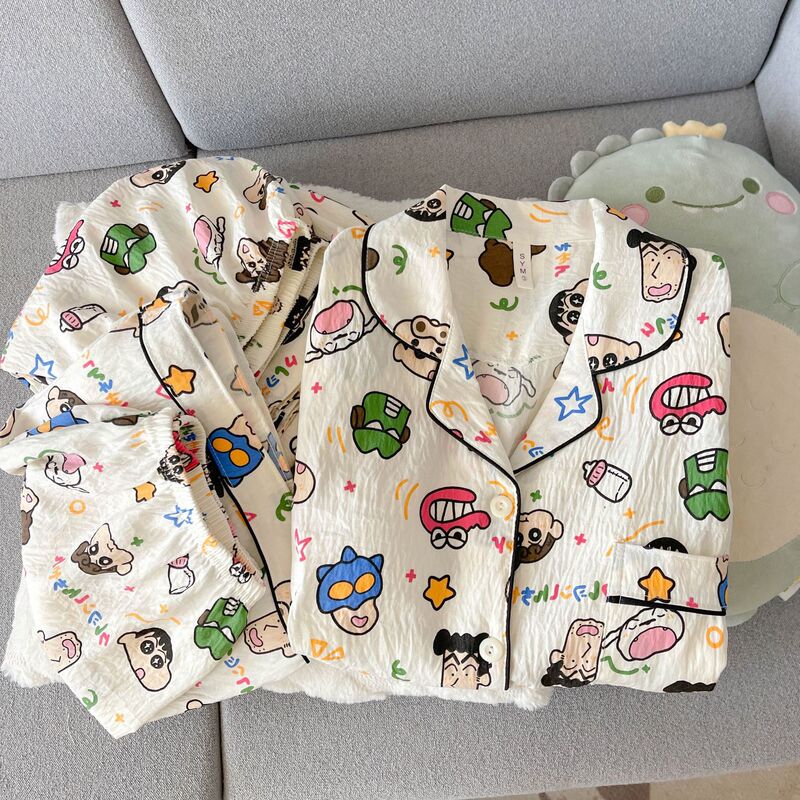 Japanese-Style Cute Shin-Chan Plus-Size Cloud Cotton Pajamas for Women, Spring and Summer Casual Three-Piece Set, Suitable for Wearing Outside, Loungewear Japanese-Style Cute Shin-Chan Plus-Size Cloud Cotton Pajamas for Women, Spring and Summer Casual Three-Piece Set, Suitable for Wearing Outside, Loungewear