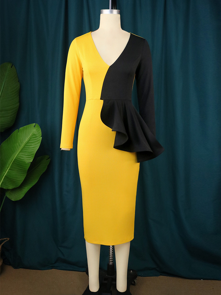 Vêtements pour femmes Robe à volants assortie de couleur grande taille pour femmes Robe de soirée sexy à col en V Robe de soirée jaune_voghion.com