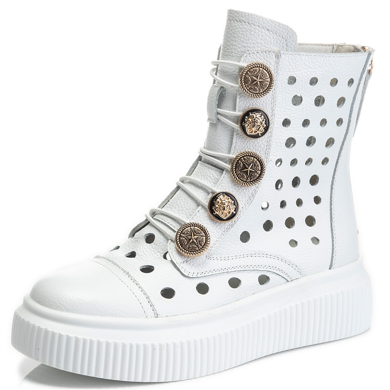 European Station 2025 Summer Thick-Soled Sandals with Back Zipper, White Breathable Perforated Martin Boots for Women, High Heels, European and American Style