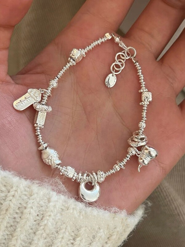 999 Sterling Silver Chubby Gourd Broken Silver Bracelet for Women, Light Luxury Niche Braided Bracelet, Valentine's Day Gift