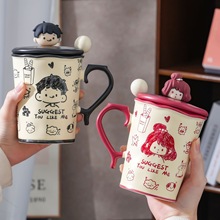 涂鸦马克杯带盖勺陶瓷水杯子情侣一对大容量手绘送女生小众生日礼