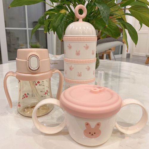 ins Korean style baby food binaural bowl, multi-functional binaural bowl with straw, anti-spill and leak-proof snack cup with lid