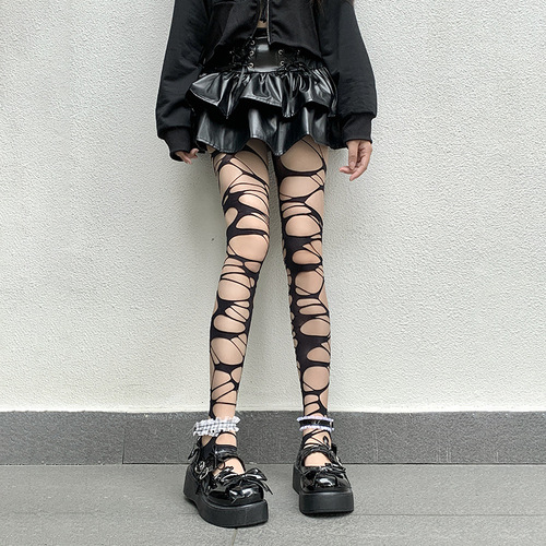 Black stocking fishnet stocking feminine black hot girl subculture white punk style hole bandage Y2 one-piece pantyhose dropshipping