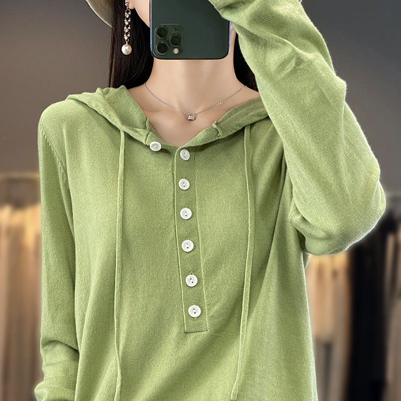 New Pure Color Hooded Wool Knitwear for Women, Spring & Fall Outer Wear, Elegant Pullover, Slim Long-Sleeved Bottoming Shirt