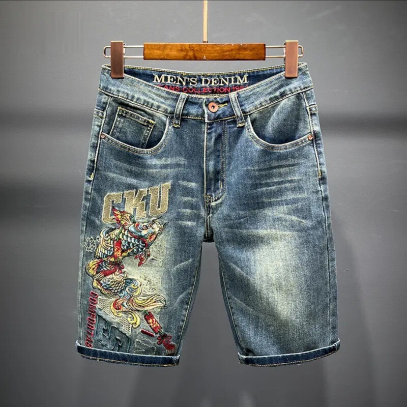 Koi Fish Embroidery Denim Shorts for Men, Straight Casual Loose Mid-Length Shorts, Men's Summer Retro Youth Trendy Shorts Koi Fish Embroidery Denim Shorts for Men, Straight Casual Loose Mid-Length Shorts, Men's Summer Retro Youth Trendy Shorts