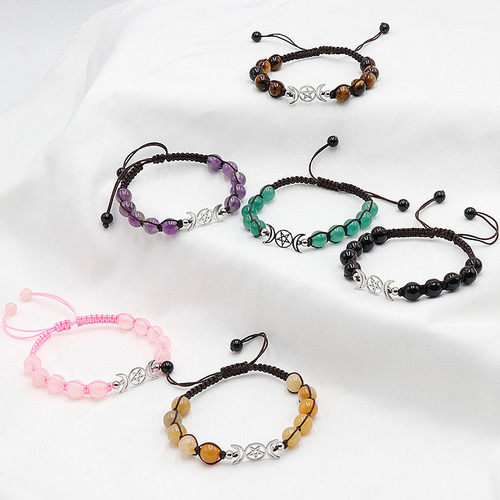 Natural Crystal Quartz Chakra Triple Moon 8mm Round Bead Bracelet with Colorful Stone Weaving Cross-border Direct Supply