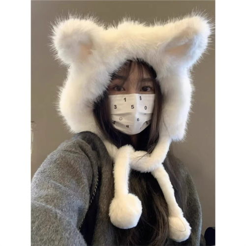 Cute fox ear fuzzy hat for girls, suitable for autumn and winter, warm, Korean style ear protection hat, makes face look smaller, trendy