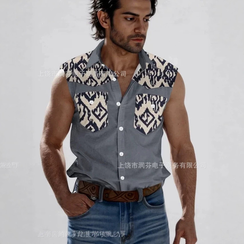 2026 Cross-Border Foreign Trade European and American Style Aztec Print Sleeveless Denim Shirt Summer Men's Casual Cardigan