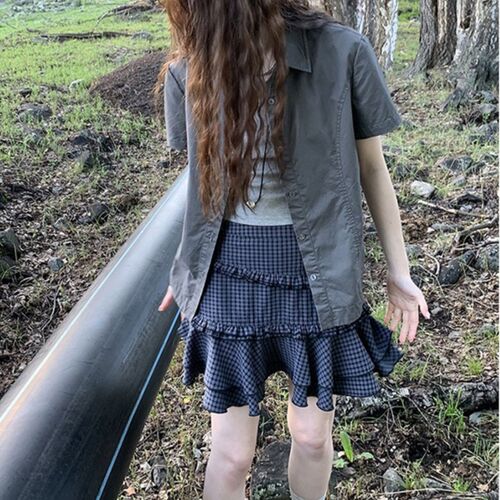 Vintage fresh fashionable plaid a-line half skirt women's design ruffled frill puffy short skirt cake skirt 